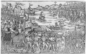 Luís IX da França, desembarcando em Damietta durante a Sétima Cruzada, de &39;Grande Viagem de Hierusalém&39;, publicado em 1522 de French School