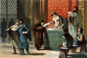 Louis VI dit Le Gros (1081-1137) deu as cartas dos correios das comunas. Cromolitografia por volta de 1890. de French School