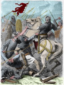 Louis VI disse "The Gros" (1081 - 1137), na batalha de Brenneville, tentou tirar a Normandia do Rei Henrique I de Inglaterra em 1119. Gravura em "Histoire De France En Cent Paintings de Paul Lehugeur "1891. de French School