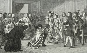 Luís XIV (1638-1715), o Rei Sol, apresenta seu neto Philippe V (1683-1746) aos enviados espanhóis, da "Histoire de France" de Colart, publicado em 1840 de French School