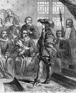 Luís XIV (1638 - 1715) tinha 17 anos em 1652 perante o parlamento e obrigou o presidente a dissolver a assembleia. Gravura em "Histoire De France En Cent Paintings de Paul Lehugeur "1891. de French School