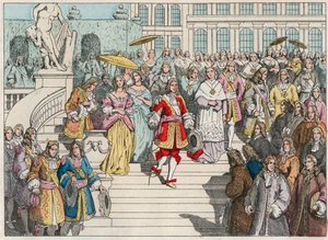Luís XIV (Luís 14) e sua corte em Versalhes - Luís XIV da França e sua corte em Versalhes - Gravura do final do século XIX em "Nos Gires Nationales - Images et recits de French School