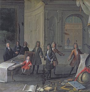 Luís XIV participando de uma aula de seu bisneto, o futuro Luís XV, c.1715 de French School