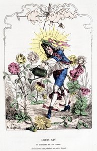 Luís XIV disfarçado de jardineiro - no "Histoire de France Tintamarresque" por Touchatout de French School