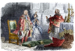 Luís XIV casa com Françoise d? Aubigne, Marquise de Maintenon (Inverno 1683/84) - Casamento secreto do Rei Luís XIV (1638-1715) e Françoise d? Gravação na "História dos Papas-Rei-Queen e Em de French School