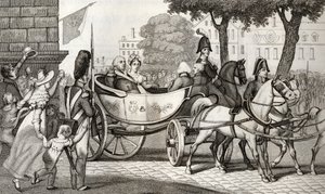 Luís XVIII (1755-1824) entra em Paris na Restauração de 1814, de &39;Histoire de France&39; por Colart, publicado em 1840 de French School