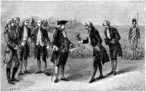 Luís XVI (1754-1793) visitando o primeiro campo de batatas na planície dos Sablons (atual avenida de la Grande Armee, Paris), Antoine Augustin Parmentier (1737-1813) ofereceu-lhe flores de batata, por volta de 1785. Gravura em "La Nature. Revue des science de French School