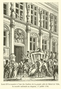 Luís XVI se mostra em uma das janelas do grande salão do Hotel de Ville, o cocar nacional do chapéu, 17 de julho de 1789 de French School