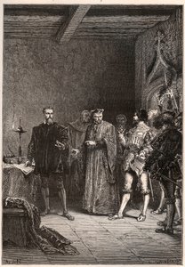 Louis de Berquin (1485-1529), cavaleiro e humanista, reformador religioso, libertado por Jean de la Barre (1523-1533) prevot de Paris - Louis de Berquin (à esquerda) libertado da prisão por John de la Barre - gravura de "L