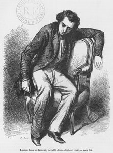 Lucien de Rubempre oprimido pela tristeza, ilustração de &39;Les Illusions perdues&39; de Honoré de Balzac de French School