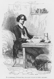 Lucien de Rubempre escrevendo uma carta, ilustração de &39;Les Illusions perdues&39; de Honore de Balzac, gravada por Antoine Alphee Piaud (século XIX) de French School