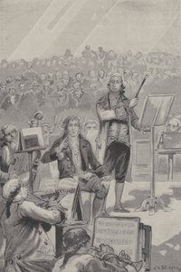 Ludwig van Beethoven dirigindo uma orquestra apesar da sua surdez (gravura) de French School