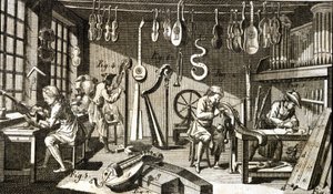 A oficina do Luthier. Gravura - em Enciclopédia de Diderot e Alembert de French School
