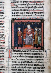 MS.782 Childerico II (c.650-675), Clodomir (c.495-524) e possivelmente Teodorico, representados sob a proteção do Rei Clotário I (c.497-561), sentado em um trono, miniatura do Chroniques de Saint-Denis (velino) de French School