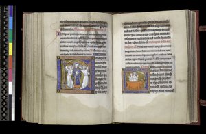 MS 300 f202v-203r, Suffrage to St Denis e Suffrage to St Eustace, do Saltério e Horas de Isabel da França, Paris, c.1265-70 de French School
