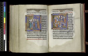 MS 300 f.207v-208r, Suffrage to Virgins and Suffrage to All Saints, from the Psalter and Hours of Isabella of France, Paris, c.1265-70 (caneta e tinta e têmpera em pergaminho) de French School