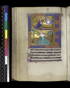 MS 300 f.70v, David reza a Deus (acima), David afunda na água (abaixo), do Saltério e Horas de Isabel de França, Paris, c.1265-70 (caneta e tinta e têmpera em pergaminho) de French School
