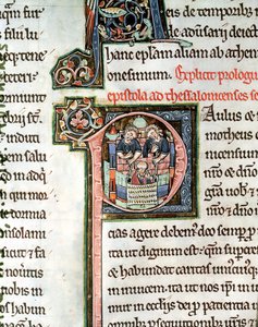 MS 3 Fol. 291v A fuga de São Paulo de Damasco, iluminada letra inicial P, do século 13, da Bíblia Avranches de French School