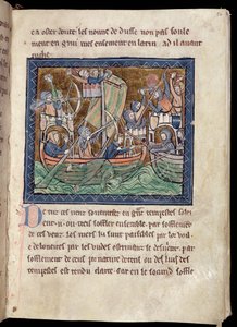 MS Marlay Adicionar 1 f.86 Página de texto com iluminação de uma batalha no mar, de De Re Militari, c.1270 de French School