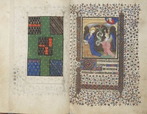 MS Widener 4, ff.26v-27r, Brasão e a Anunciação, de um Livro de Horas, uso de Rennes, c.1405 (caneta & tinta e têmpera em velino) de French School