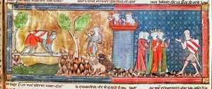 M. 806 f.166 Lancelote prova o seu amor por Guinevere ao atravessar um rio ligado por uma espada afiada, do Roman de Lancelot du Lac, 1344 de French School