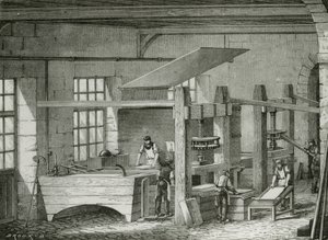Fazer papel à mão, peneirando a polpa em formas. Gravação c1870. de French School