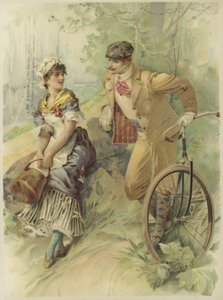 Homem de bicicleta a fazer propostas a uma empregada (cromolitografia) de French School