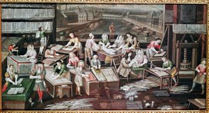 Fabricação de Cartas de Jogo em uma Casa no Place Dauphine (desenho para um ventilador, guache em papel, c.1680) de French School