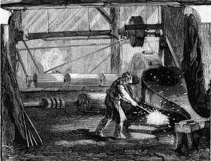 Fabricação de canhões de espingarda: as tiras de ferro são vermelhas em branco. Gravura em "Le Monde Illustré" n°35 de 12 de Dezembro de 1857. de French School