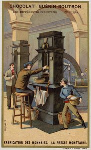 Fabricação de moedas. Prensa de moedas (chromolitho) de French School