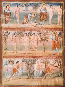 Página de manuscrito representando episódios da vida de Adão e Eva: criação de Adão e Eva. O pecado original. Expulsão do Paraíso (miniatura) de French School
