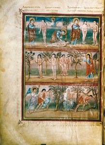 Página de manuscrito representando episódios da vida de Adão e Eva: criação de Adão e Eva. O pecado original. Expulsão do Paraíso (miniatura) de French School