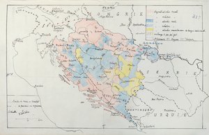 Mapa da Bósnia com detalhes das áreas ocupadas por grupos étnicos minoritários, 1910 (caneta, tinta e wc)