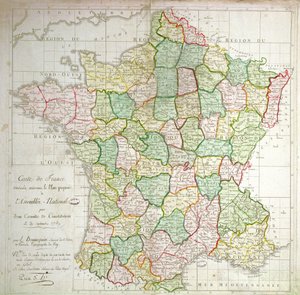 Mapa da França mostrando planos para dividir os Departamentos, 1789 (cor litho & ink)