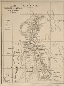 Mapa do Laos e do rio Mekong mostrando a rota da viagem de Henri Mouhot, ilustração das viagens nas partes centrais da Indochina (Siam), Camboja e Laos Durante os anos de 1858, 1859, um