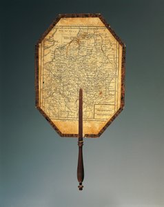Mapa do Nordeste da França, ventilador de papelão pintado a guache com impressão aquarelada e cabo de madeira em forma de French School