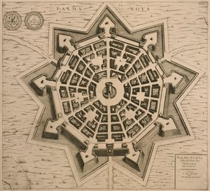 Mapa de Palmanova, de Les Villes de Venetie, 1704, publicado pela Rutgert Alberts em Haia