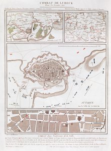 Mapa de combate na Batalha de Lubeck, mostrando as posições dos exércitos francês, prussiano, sueco e dinamarquês
