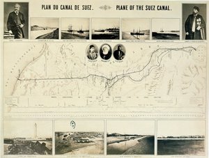 Mapa do Canal de Suez acompanhado por diferentes visões e retratos de Ferdinand de Lesseps (1805-94) e Ismail Pasha (1830-95) 1869