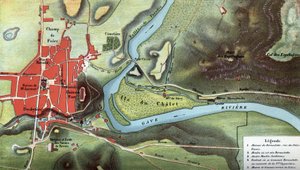 Mapa do país de Lourdes, em 1858, ano das visões de Bernadette Soubirous: mostra a localização da sua casa e da gruta. Altos Pirenéus (65). Cromolitografia em "Notre Dame de Lourdes" de Henri Lasserre de French School