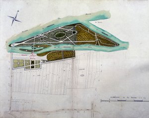 Mapa do jardim de Moulin Joly. Placa do atlas dos planos do território de Colombes (1780), conservada no Arquivo Nacional. de French School