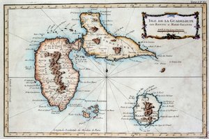 Mapa da ilha da Martinica, da ilha de Saintes e da ilha de Marie Galante nas Índias Ocidentais. Gravura dos Chartres do século XIX, Musee des Beaux Arts de French School