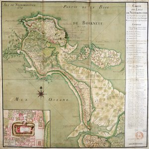 Mapa da ilha de Noirmoutier acompanhado por um mapa do castelo, feito em 1769. de French School