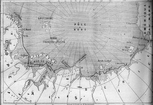 Mapa da viagem do "Vega" traçado pelo explorador Nils Adolf Erik (Eric) Barão Nordenskjold (Nordenskiold) (1832-1901). Em 1878 Nordenskjold passou do Oceano Atlântico para o Oceano Pacífico ao longo da costa da Sibéria. Gravura em "Le Monde Illust de French School