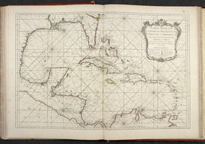 Mapa mostrando o Golfo do México, mapa reduzido do Golfo do México e as ilhas da América de French School