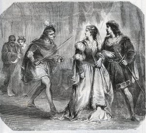 Marguerite de Baviere, Duquesa de Borgonha (1363-1423) e Rainha Isabelle de Baviere (1371-1435) separam Luís I de Valois, Duque de Orleães (1372-1407) e Jean Sans Ppeur, Duque de Borgonha (1371-1419), que lutam pelo governo de de French School