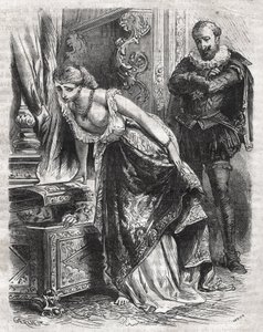 Marguerite de Valois (1553-1615), conhecida como Rainha Margot, esconde Julien de Leris, seu amante, em um cofre. Seu marido, o rei Henrique IV da França (1553-1610), observa a cena com diversão. Século XVI. Gravura de 1871 em "Histoire Des Cocuses Celebre de French School