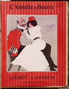 Marianne sentada sobre os joelhos do rei Eduardo VII (1841-1910), capa de La séiette au beurre, 11 de julho de 1903 de French School