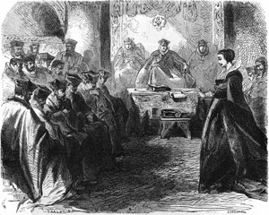 Marie Stuart (1542 = 1587) durante o seu julgamento em 1587. Em "Histoire de la France", gravura do século XIX. de French School