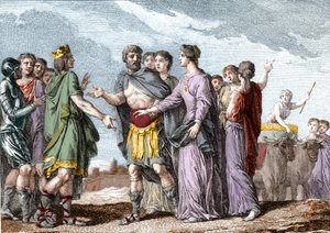 Casamento de Clovis 1st (481-511), Rei dos Francos, com Clotilde (Sainte Clothilde, ca. 475-545) (Rainha) em 493. Gravura do século XVIII. de French School